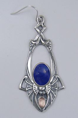 Sterling Silver Dramatic Art Deco Drop Dangle Earrings With Lapis Lazuli And Rose Quartz